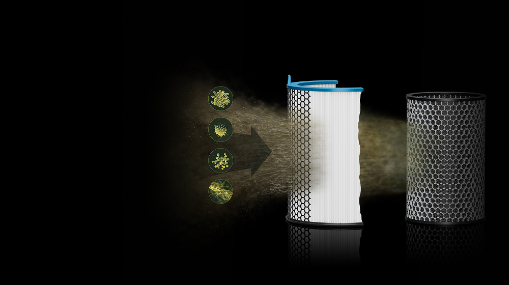 La filtración de doble capa del purificador Dyson HushJet Compact elimina alérgenos, contaminantes, olores y gases del aire.