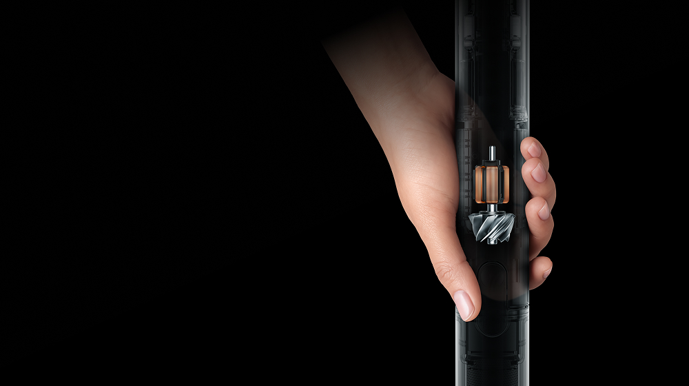 Imagen seccionada que muestra el potente motor Hyperdymium 140k dentro de la aspiradora Dyson PencilVac.