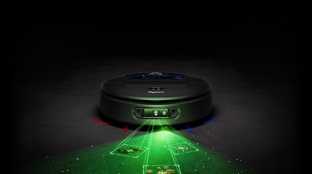 Representación de cómo la aspiradora robot en húmedo y seco Dyson Spot+Scrub Ai revela manchas ocultas e identifica derrames.