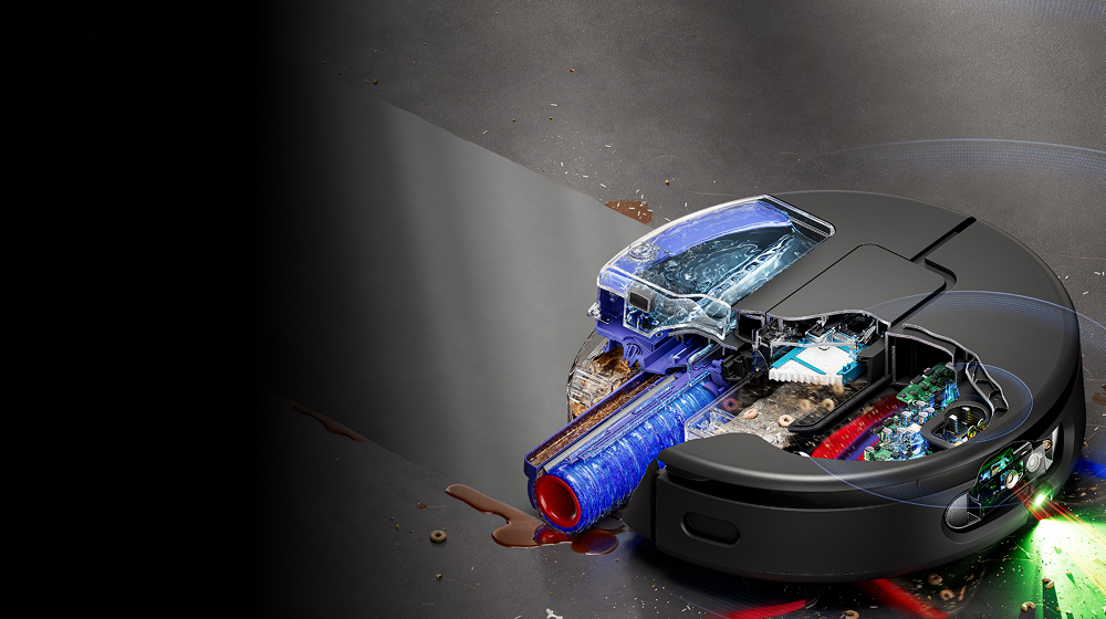 Imagen seccionada muestra el rodillo en húmedo de autolimpieza en la aspiradora robot Dyson Spot+Scrub Ai DR30.